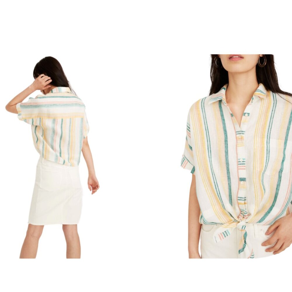 Madewell Linen Short Sleeve Tie  Beachy Nautical Shirt In Pineapple Stripe Large